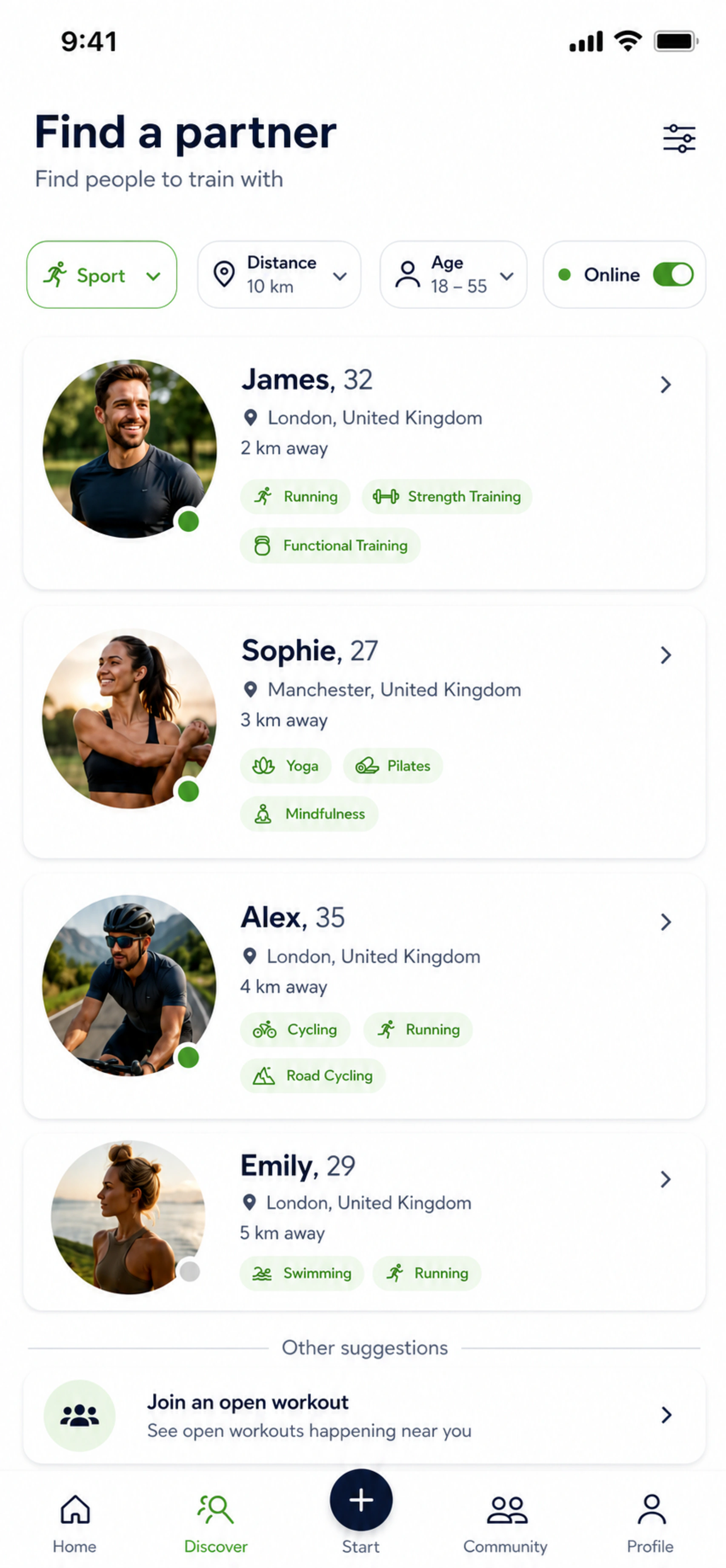 A list of nearby workout partners in COMOVO