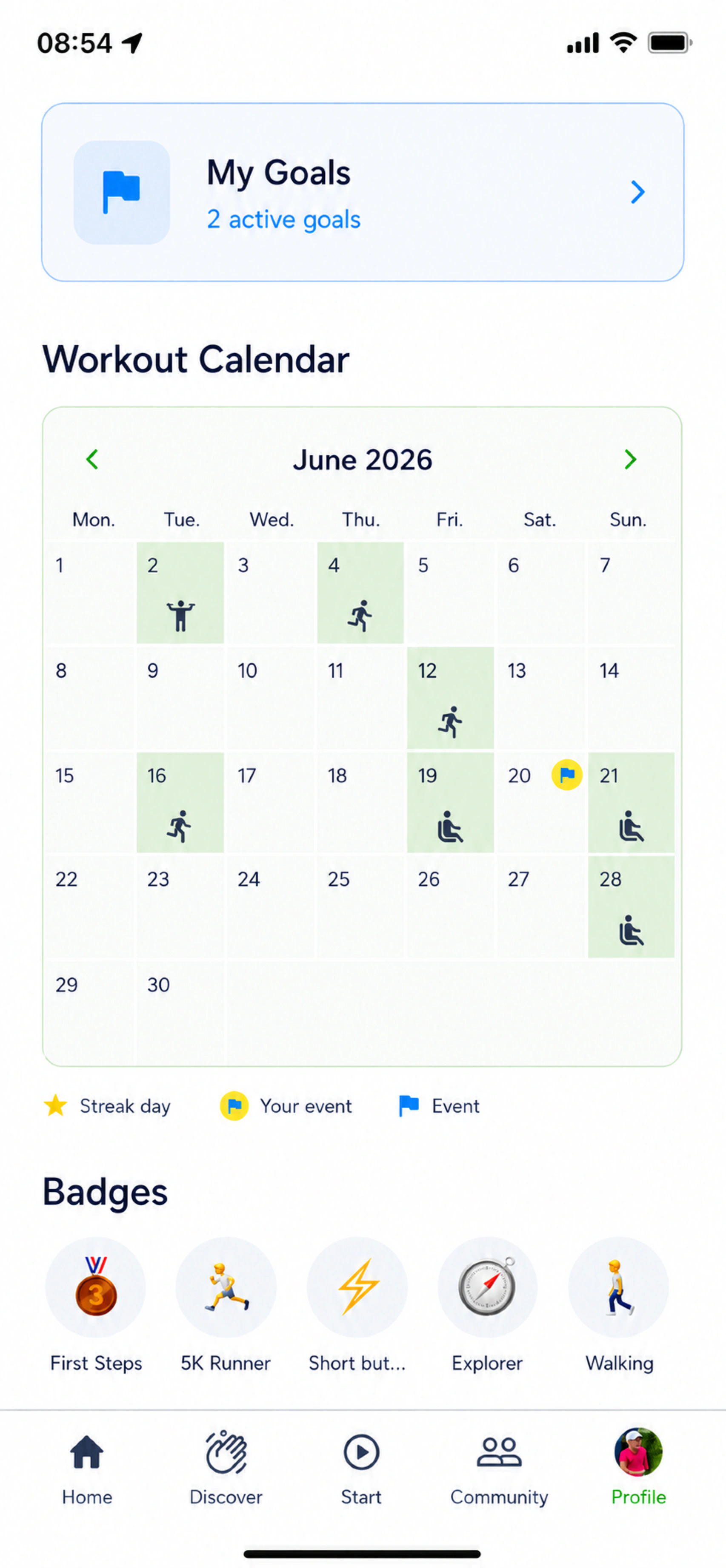 The workout calendar, goals, and badges in COMOVO