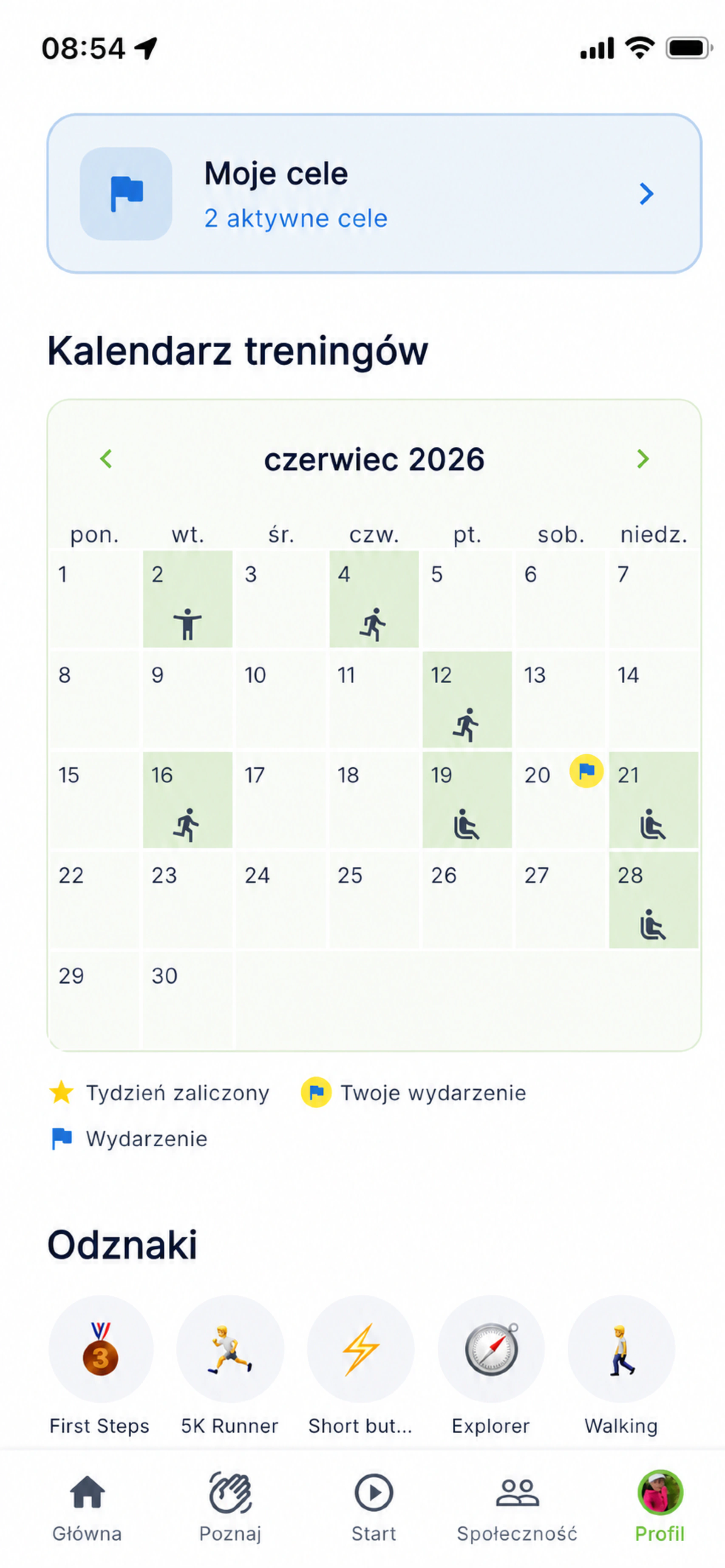 Kalendarz treningów, cele i odznaki w COMOVO